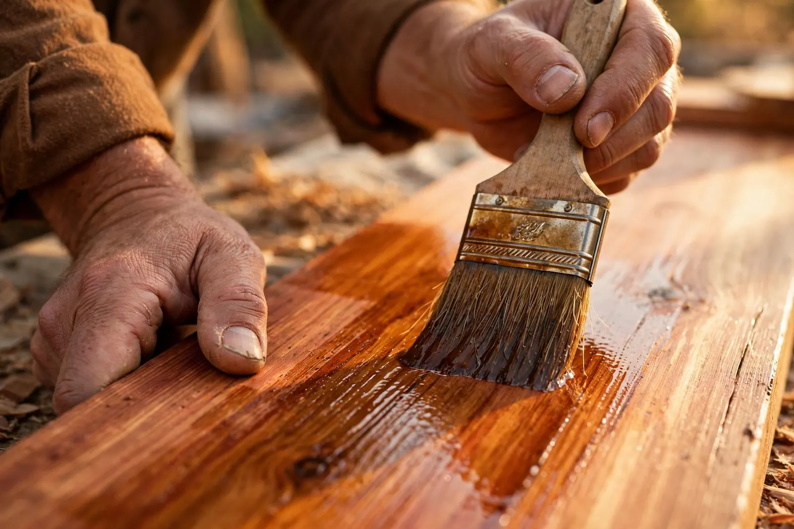 Painter brushing stain into cedar wood grain